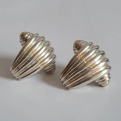 KRYPELL 925 Silver 14K yellow gold, Vintage Two Fluted Shell Omega Earrings 585 - Image 1 of 4