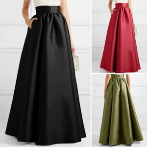 UK 8-24 Women Satin High Waist Flare Swing Cocktail Party Long Maxi Skirts Dress - Picture 1 of 14