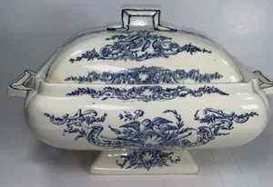 Rare Antique 1880s S &G Clairefountaine Blue Transferware Tureen France LOUIS XV - Picture 1 of 17
