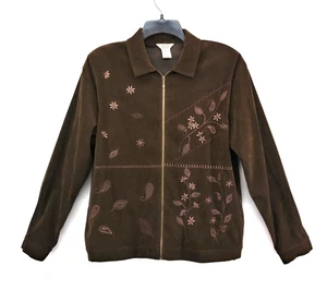 Teddi Jacket Womens Large Brown Long Sleeve Embroidered Floral Full Zip Pockets - Picture 1 of 8