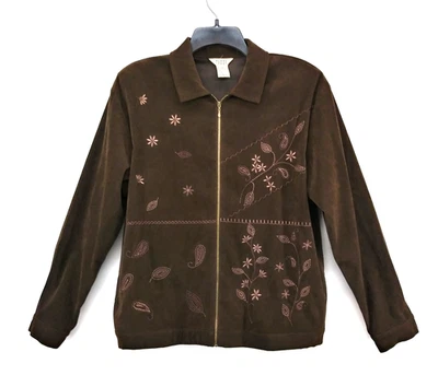 Teddi Jacket Womens Large Brown Long Sleeve Embroidered Floral Full Zip Pockets - Image 1 of 4