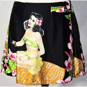 Vintage 1995 Blumarine Mini Skirt 8 Hawaiian Black Floral A Line Hula Girl Y2K - Picture 1 of 5