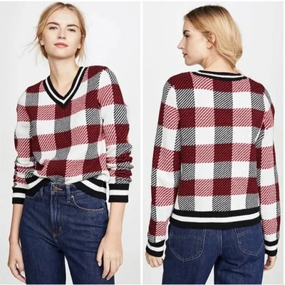 Nuevo con etiquetas Suéter de Lana Merino Rag & Bone Gabby Cuello en V en Rojo Negro Blanco Cuadros Talla S Foto 1 de 4