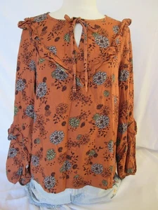 Sonoma top donna taglia media blusa contadina con volant marrone floreale manica lunga boho - Foto 1 di 6