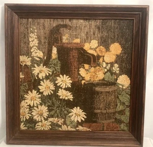 Vintage Kay Dee Leinen Handdrucke gerahmt Wasserpumpe Szene 16 x 16 Gänseblümchen - Bild 1 von 7
