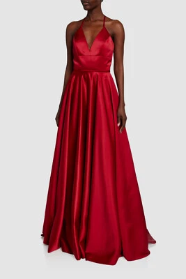 $370 Faviana Mujer Rojo Cuello Halter Satinado Cuello en V Línea A Vestido de Baile Talla 12 Foto 1 de 4
