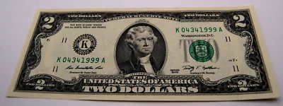 March 4, 1999 Birthday Anniversary $2 Two Dollar Bill Fancy Serial # Crisp 2009 - Image 1 of 4