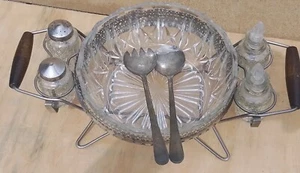 Vintage Old Antique metal salt pepper pot salad dish tongs oil dressing 1950s - Picture 1 of 11