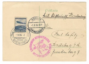 Deutschland: 1936; Karte zirkuliert Spezial Hindenburg + 36. Olympiade, selten EBA030 - Bild 1 von 2