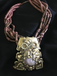 $405 LAVENDER JASPER Cabochon & Brass Artist Designed STATEMENT NECKLACE Pendant - Picture 1 of 6