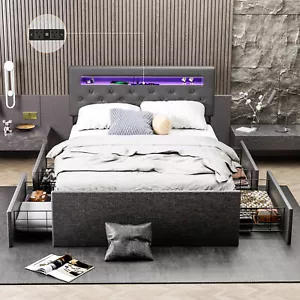 Double Bed Frame Bed Platform with LED Lights Upholstered Headboard 4 Storage - Picture 1 of 15