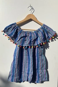f&f size 6 blue stripe off shoulder top pompom colourful rainbow - Picture 1 of 5
