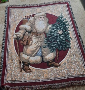 Vintage Father Christmas Santa With Tree Throw Woven Tapestry Apprx 70"x 50" - Picture 1 of 4
