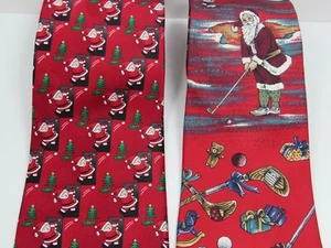 Lot of 2 Christmas Golfing Santa Ties Stafford Holiday Traditions 100% Silk USA - Picture 1 of 9