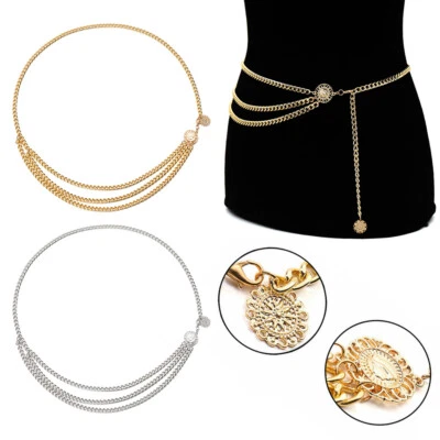 Women Metal Chain Waistband Body Chain Retro Belt High Waist Hip Coin Charms UK - Image 1 of 4