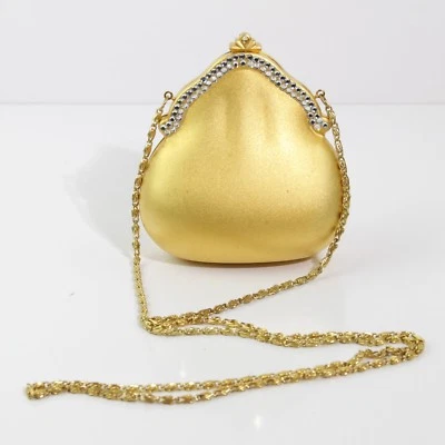 STRIKING BLOOMINGDALE'S GOLD METALLIC MINIAUDIERE PURSE RHINESTONE TRIM ON CHAIN - Imagem 1 de 4