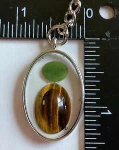 Tigers Eye & Aventurine Resin Set Keychain Oval Shape Hand Made Silver tone - Picture 1 of 2