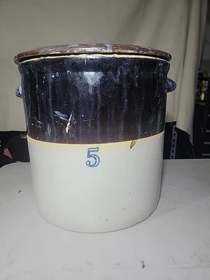 Stoneware Crock 5 Gallon With Lid And Handles Large Vintage Americana  - Image 1 of 4