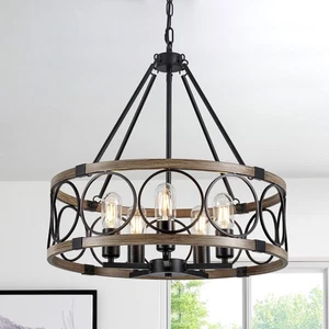Lampadario Casale per Sala da Pranzo 5 Luci Nero Rustico Lampadari a Tamburo 20... - Foto 1 di 9