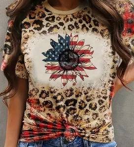 Leopard Plaid Patriotic Flag Sunflower Size Medium T Shirt - Picture 1 of 6