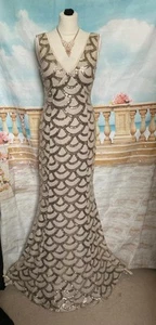 Dress 8 Gold Sequin QUIZ Ballgown Prom Stretch Long Fishtail Deco 1920s Evening - Picture 1 of 8