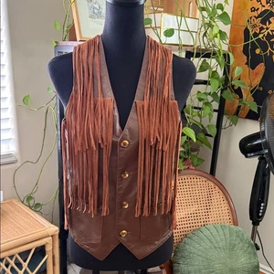 Vintage 70s/80s Brown Leather Suede Fringe Detail Button Up Adjustable Vest - Picture 1 of 6