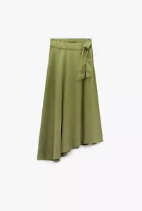 Zara High Waisted Midi Crossover Skirt - Linen Belted Asymmetric - Olive Green - Picture 1 of 2