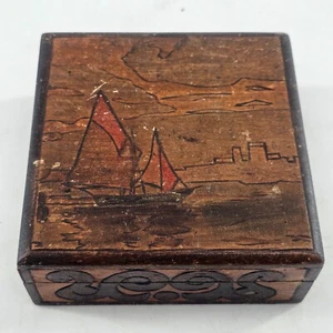 Vintage Hinged Top Covered Wooden Box w. Distressed Painted Sail boat - Picture 1 of 16