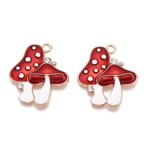 5 Stunning Red Toadstool Shaped Gold Tone Charm Pendants with Clear Rhinestones - Picture 1 of 2