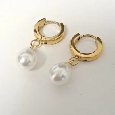 Titan Titanium Kreolen Ohrringe Creolen in Gold mit weisse Süßwasser Perlen SWP - Bild 1 von 3