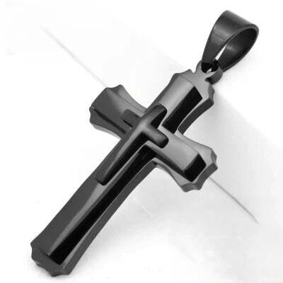 Colgante Hombre Acero Inoxidable Negro CRUZ 68mm Dije Unisex + CAJA Foto 1 de 3