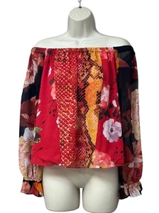GUESS Pamelia Chiffon Off-The-Shoulder Top, Red-multi, Sz. S - Picture 1 of 12