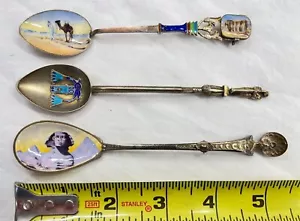 Lot 3 Egyptian 800 Silver Souvenir Spoons w/ Enamel Sphinx Camel Design 56-g - Picture 1 of 7