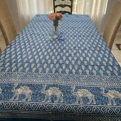 Indigo Hand Block Printed Cotton Summer/fall Tablecloth 85x105 - Image 1 of 4