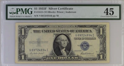 Fr#1615, $1 1935 F PMG SILVER CERTIFICATE 45 CEF (VI BLOCK) PRIEST ANDERSON  - Image 1 of 2
