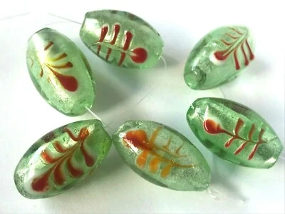 6 Chunky Silver Foiled Glass Lampwork Beads Charms Oblong Oval Hand Painted 25mm - Image 1 of 4