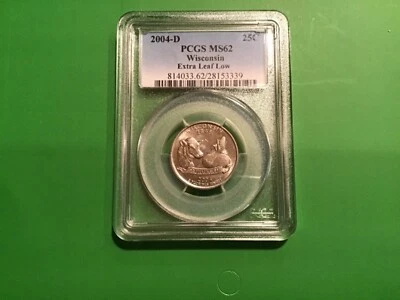 One 2004 D  Wisconsin Extra Leaf Low Error Quarter  PCGS MS 62 PQ Quality - Image 1 of 3