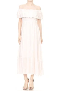 Womens Solid Color Boho Peasant Ruffle Stretchy Maxi Long Beach Dress - Picture 1 of 22