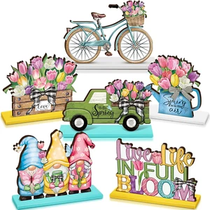 6 Pcs Spring Decorations Wooden Spring Table Centerpieces Sign Easter Tulips Tab - Picture 1 of 12