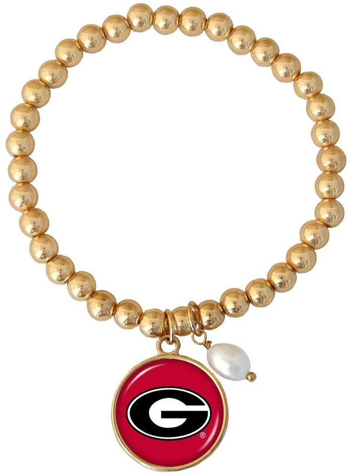 Pulsera Georgia Bulldogs Diana Oro y Perla Cuentas Elásticas Joyería Roja UGA Foto 1 de 1