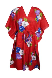 Boho Red Floral Kaftan Kimono V-Neck Loose Cover Up Resort Wear Caftan Dress XL 