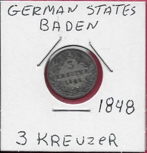 GERMAN STATES BADEN 3 KREUZER 1848 RULER:LEOPOLD I,LOW MINTAGE 194,780,CROWNED S - Picture 1 of 2