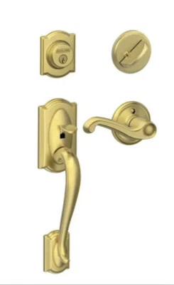 Juego de manijas monocilíndricas Schlage, Camelot y palanca de estilo derecho latón brillante Foto 1 de 3
