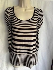 M&S AUTOGRAPH Stripe Jersey Top Size 12 Puffy 3/4 Sleeves Black Beige Scoop Neck - Picture 1 of 18