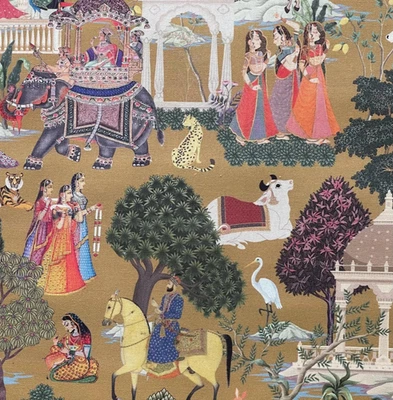 Regalia Indian Fabric Mustard Cotton with  Mughal Scene – Elephant & Horse Print - Image 1 of 4