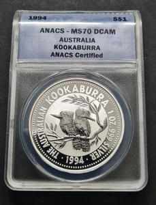 1 oz Silver 1994  ANACS  MS 70 DCAM Australian Kookaburra $1 Coin - Picture 1 of 3
