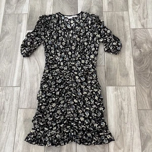 Veronica Beard Josephine Ruched Floral Mini Dress Women’s Sz 6 Black Blue Silk - Picture 1 of 9
