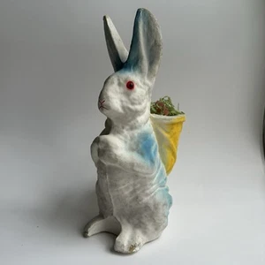 "Contenedor de caramelos de conejo de Pascua pulpa papel maché vintage 11"" azul amarillo" - Imagen 1 de 17