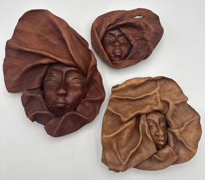 Leather Molded Face Sculpture Hand Tooled Mask Hanging Wall Art Women  Set Of 3 - Image 1 of 4