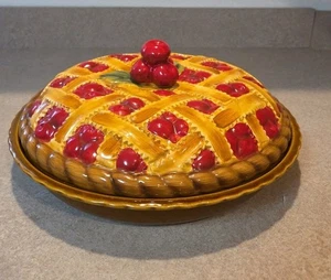 Vintage Ceramic Cherry Pie Plate with Lid - Covered PIe Keeper Baking Dish - Picture 1 of 7